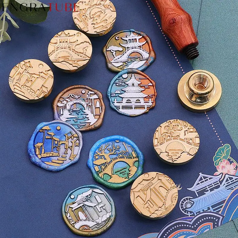 25mm Retro Sealing Wax Seal Stamp Wind Reed Lotus Bridge Cranes River Temple Fan Lantern Craft Decorative Sealing Stamp Wedding