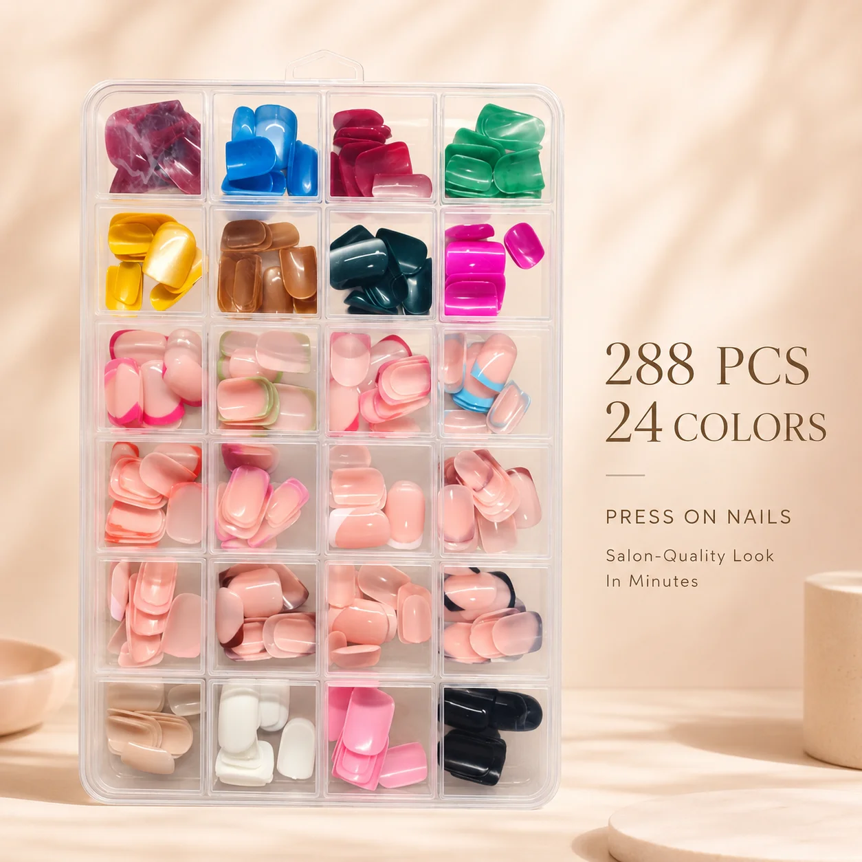 288pcs 24-Color Short Square Press-On Nails, Cat Eye and French Style Mixed Full-Cover Fake Nails, Women's Wearable Nail Set