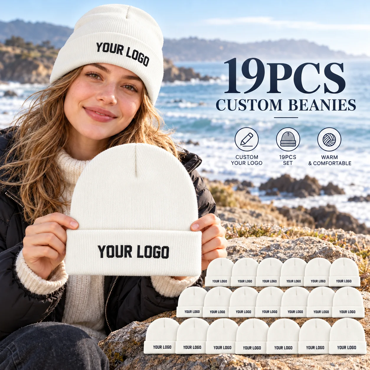 19pcs Customizable knitted beanie (featuring a front display area for a logo); a unisex winter hat ideal for teams, various