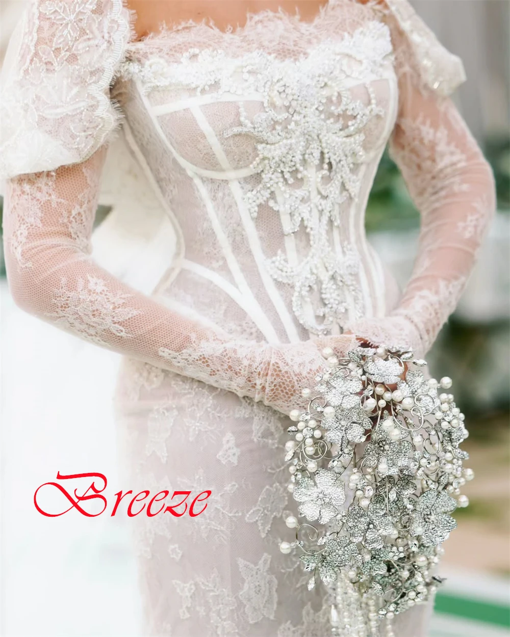 사용자 정의 투명한 흰색 레이스 웨딩 드레스 간단한 Strapless 크리스탈 긴 소매 신부 가운 Backless 인어 드레스