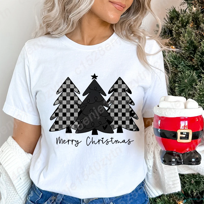 Christmas Trees Merry Christmas Print T-shirts Women Summer Short Sleeve Round Neck Tee Shirts Creative Personalized Ladies Tops