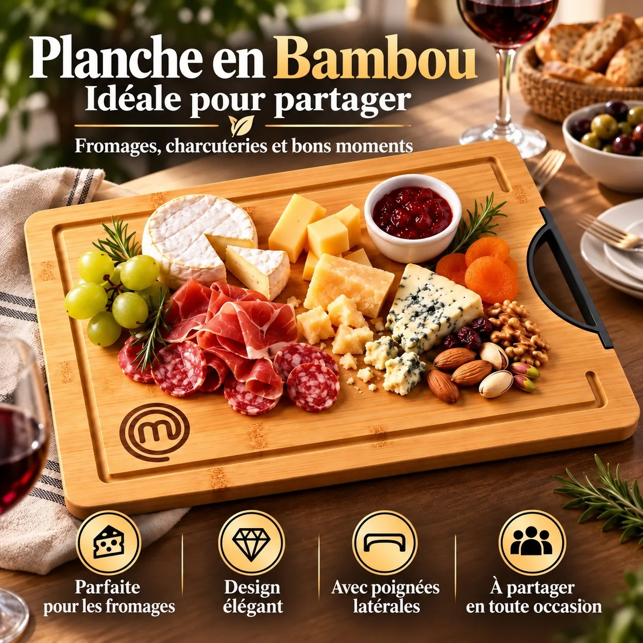Planche à Découper en Bambou MasterChef avec Poignée Intégrée et Rainure de Jus, Grand Plateau de Présentation pour Fromage et Charcuterie de Cuisine, 38.5 x 30 cm