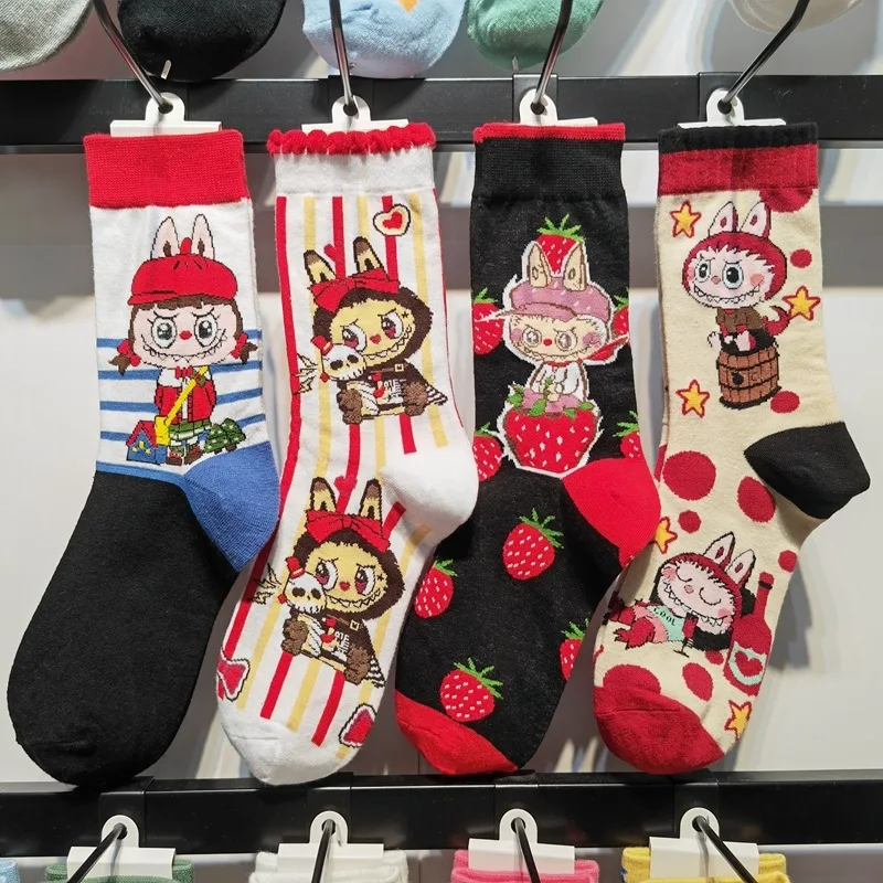 

New 4 Pairs Labubu Socks Female High Quality Fall And Winter Cartoon Combed Cotton Mid-calf Men's and Women's Socks Average Size