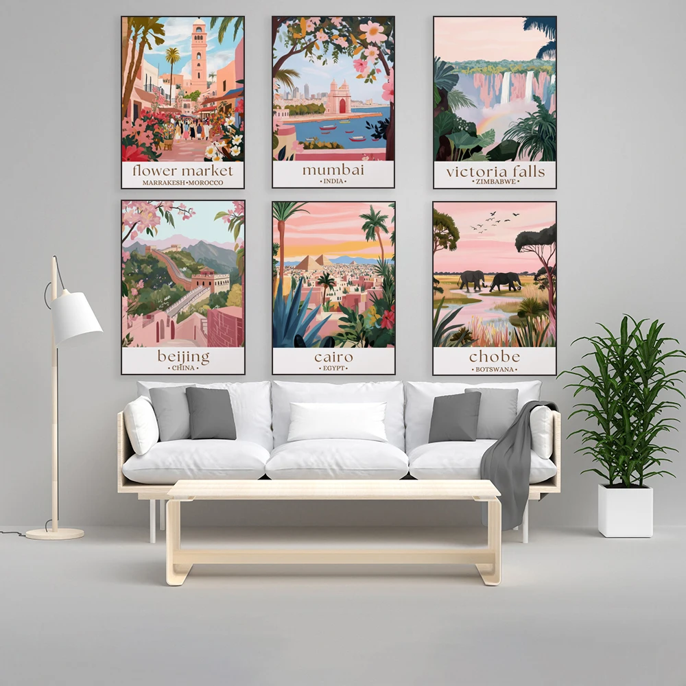 Mumbai, Chobe Island Safari in Botswana, Luxor in Egypt, Mount Kilimanjaro, Serengeti, Morocco, Egypt, Zimbabwe travel posters