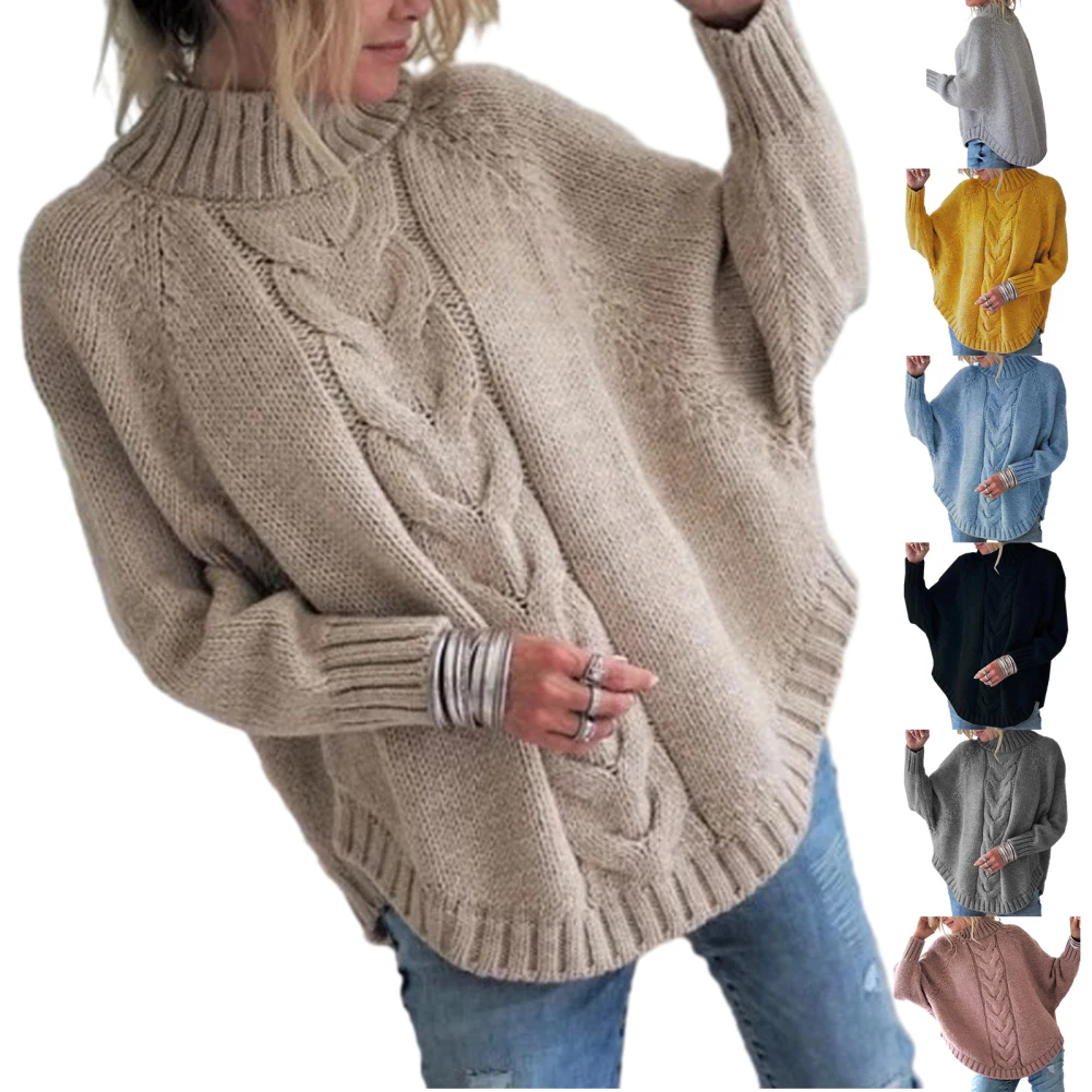 Womens Turtleneck Loose Fit Long Sleeve Tops Ribbed Knit Element Turtle Neck Sweater For Daily Outfit