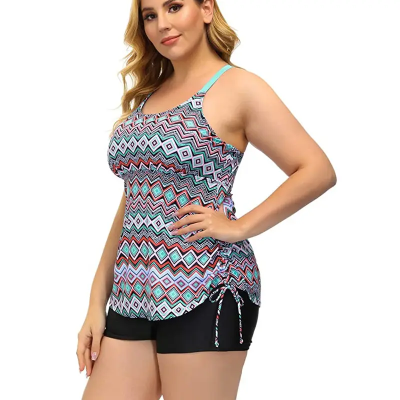 Tankini de talla grande para mujer, bañadores estampados de dos piezas, traje de baño de cintura alta con Control de barriga, traje de baño