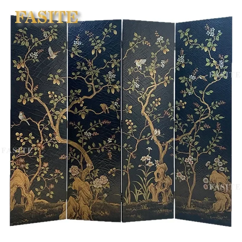 For Chinese Screen Retro Black Folding Room Divider Mobile Partition Lacquer Painting Space Saving Decor for Living Room