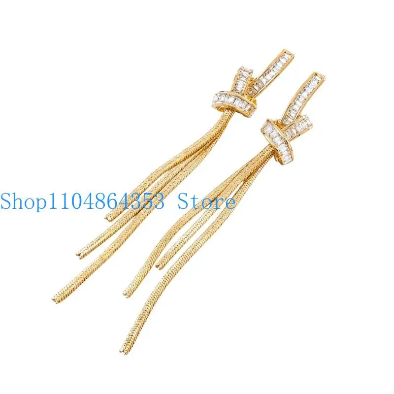 652F Knot Drop Earrings with Zircon and Moving Chain Fringe