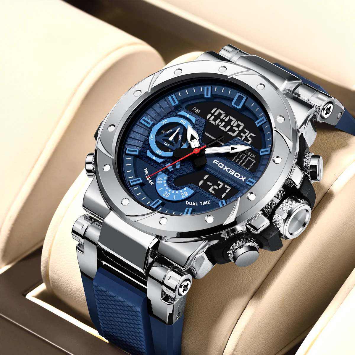 FOXBOX Men's Watches 50M Waterproof Clock Alarm LED Alarm Chronograph Men's Watches Week Date Dual Time Outdoor Watch +Box