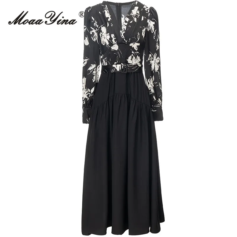 

MoaaYina Spring Fashion Runway Vintage Floral Print Dress Women V Neck Long Sleeve Sashes Gathered Waist Slim A-LINE Long Dress