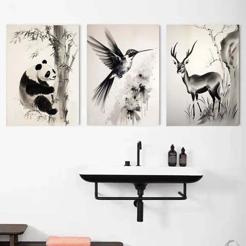 1PC frameless decorative art print,1Pc Frameless Chinese Ink Drawing Retro Animals Vintage Poster Tiger Panda Dragon Rhino Retro