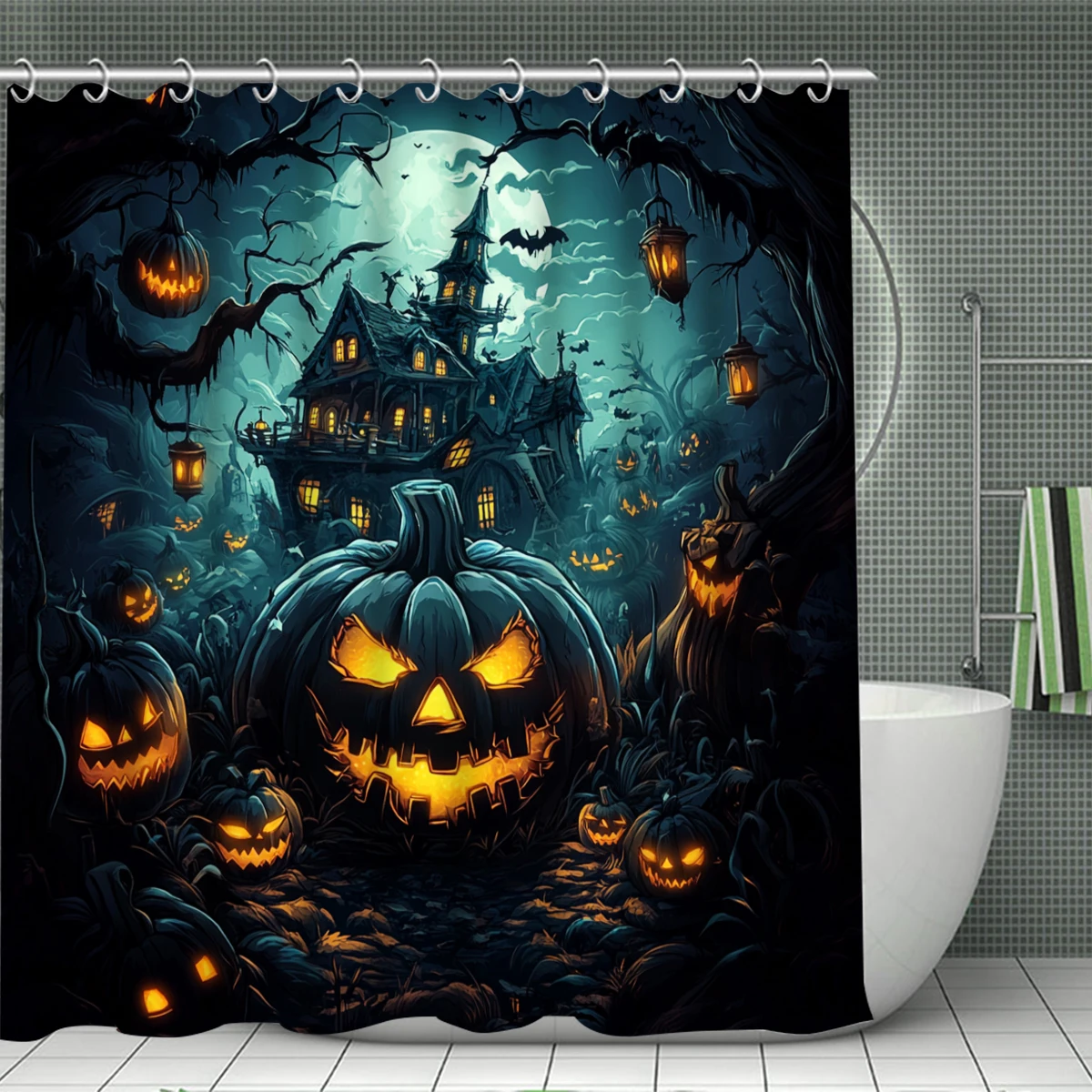 1/4PC Halloween  fear forest pumpkin shower curtain set,waterproof shower curtain and waterproof non-slip carpet,12free hooks