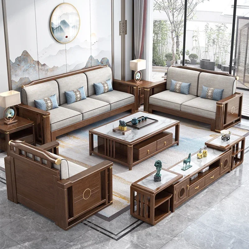 New Chinese Style Solid Wood Cloth Craft Sofa Solid Wood Living Room Walnut Furniture Imperial Concubine Combination