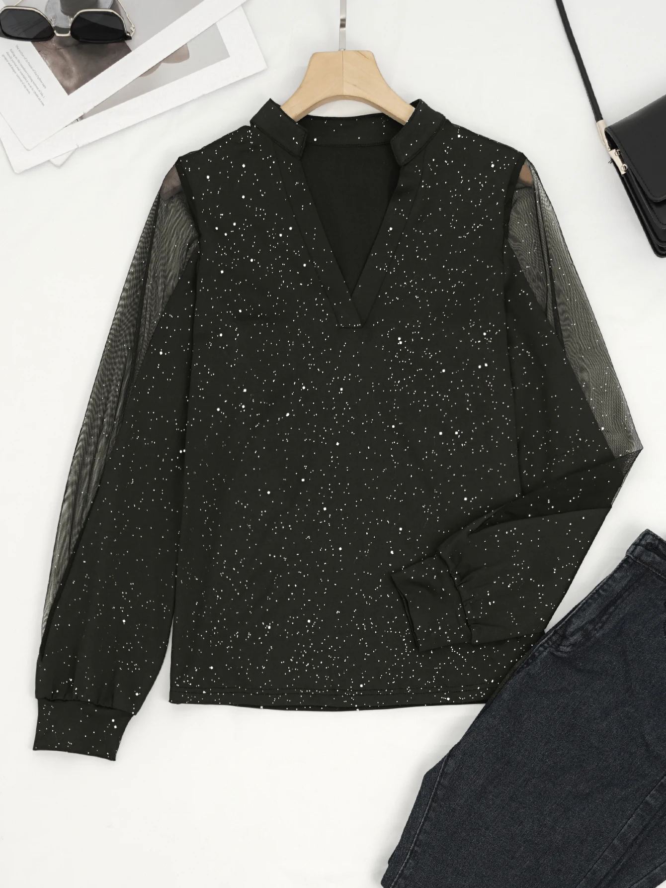 بلوزة بأكمام شفافة وطبعة نجمة سوداء - بلوزة كاجوال من الشيفون اللامع برقبة على شكل حرف V للنساء #3