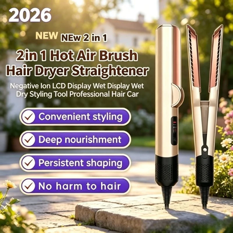 2026 NEU LCD-Display 2-in-1 Heißluftbürste mit negativen Ionen Haartrockner Glätteisen Nass-Trocken-Styling-Tool Professionelles Haarpflegegerät für Zuhause