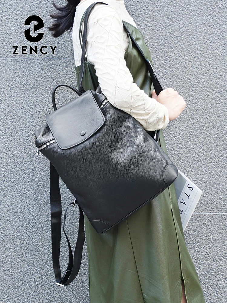 Zency 2025 Genuine Leather Black Backpack Multi-pocket Design Knapsack Flap Bag for Summer Winter Large Capacity For A4 Ipad