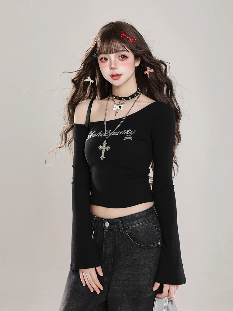 American Style Long Sleeve Slim Fit Short T-Shirt Women's Sexy Shoulder Bared Top Cotton Polyester Autumn Fashion Casual Tee