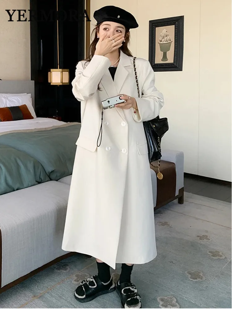 YERMORA White Trench For Women Office Lady Notched Collar Double Breasted Coat Versatile Fashion 2024 Spring New Clothing A10