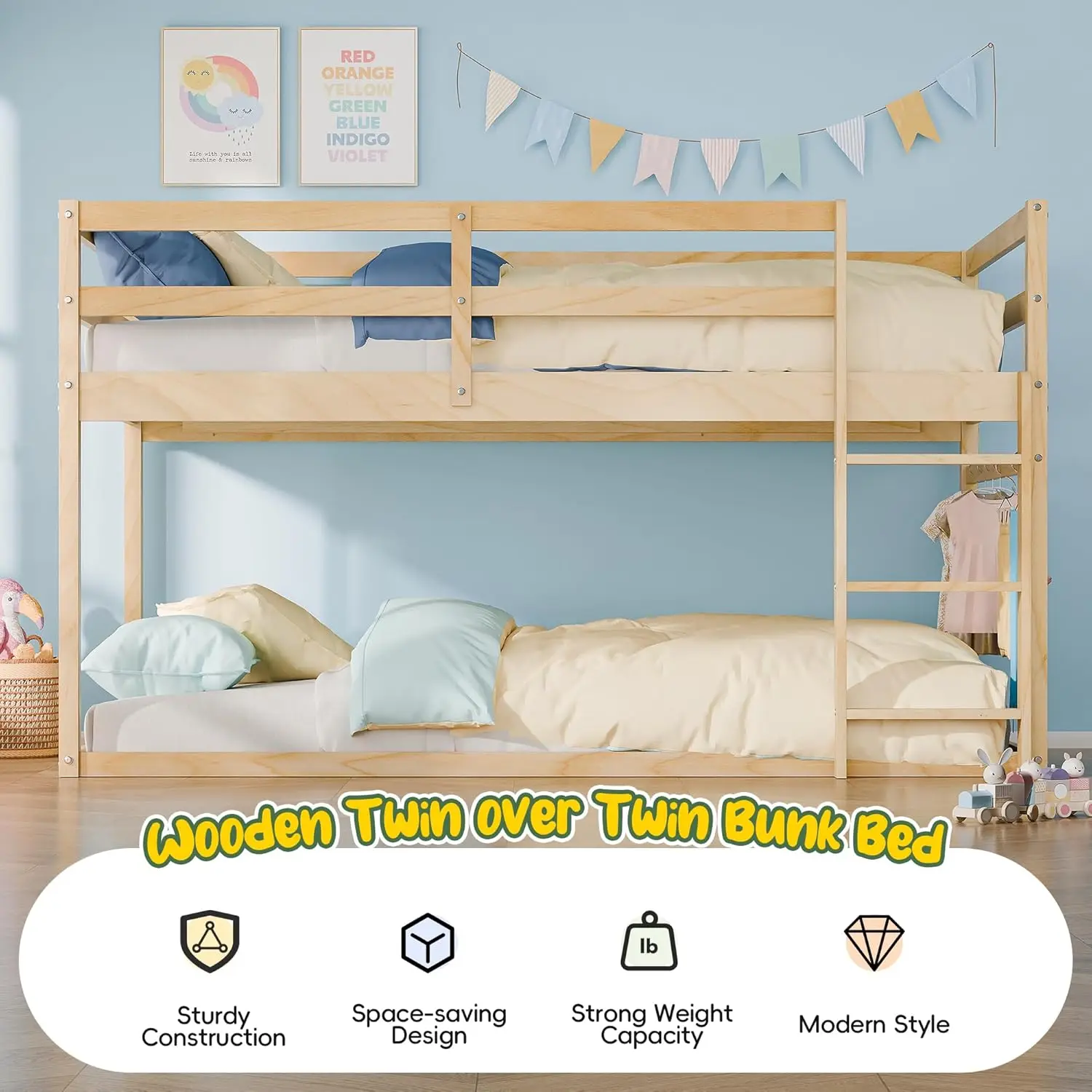 سرير بطابقين منخفض للأطفال، إطار خشبي مزدوج مع درابزين، طبيعي