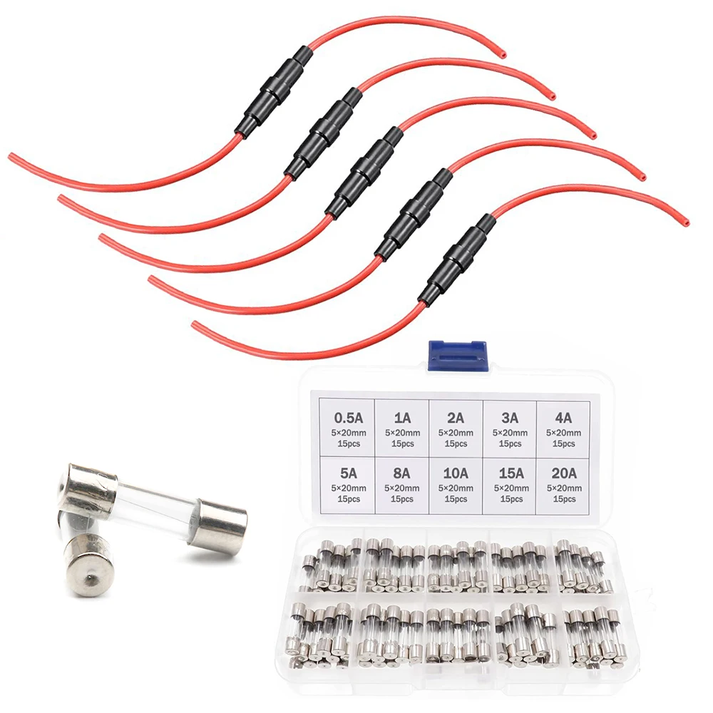 5x20mm Fuse Holder Inline Screw Type with 16 AWG Red Wire+150 Pcs 5x20mm Fast Blow Glass Fuses 250 V 0.5- 20A Assortment Kit