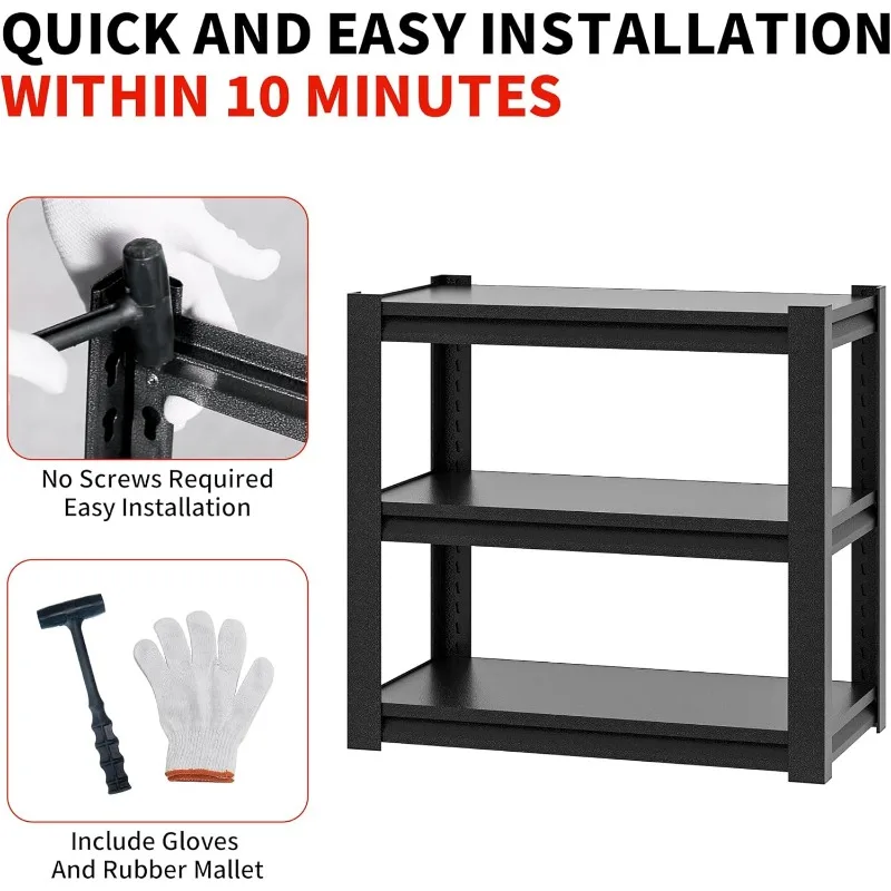 Стеллажи для гаража повышенной прочности, полки для гаражных хранения, стеллажи повышенной прочности, регулируемые 3-уровневые металлические полки (черные)