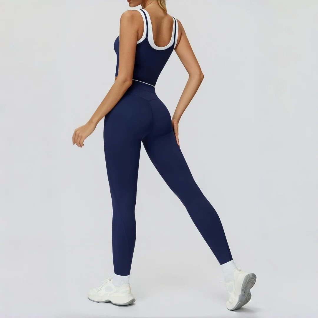 Set da yoga finto in due pezzi color block da donna fitness a costine a vita alta pesca anca casual corsa allenamento abbigliamento palestra set sportivo