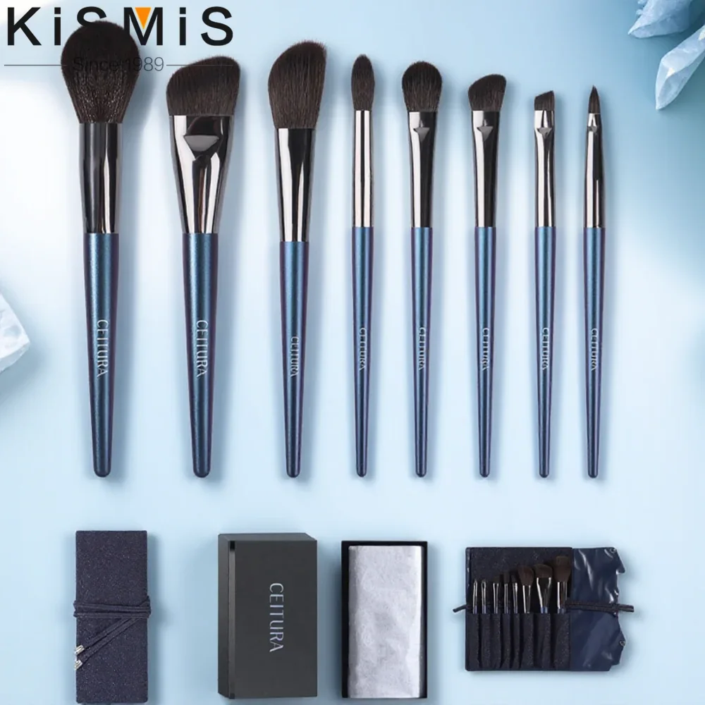 مجموعة فرش مكياج شعر السنجاب الرمادي مكونة من 8 قطع مع حقيبة تخزين وصندوق هدايا لتطبيق مسحوق ظلال العيون #1