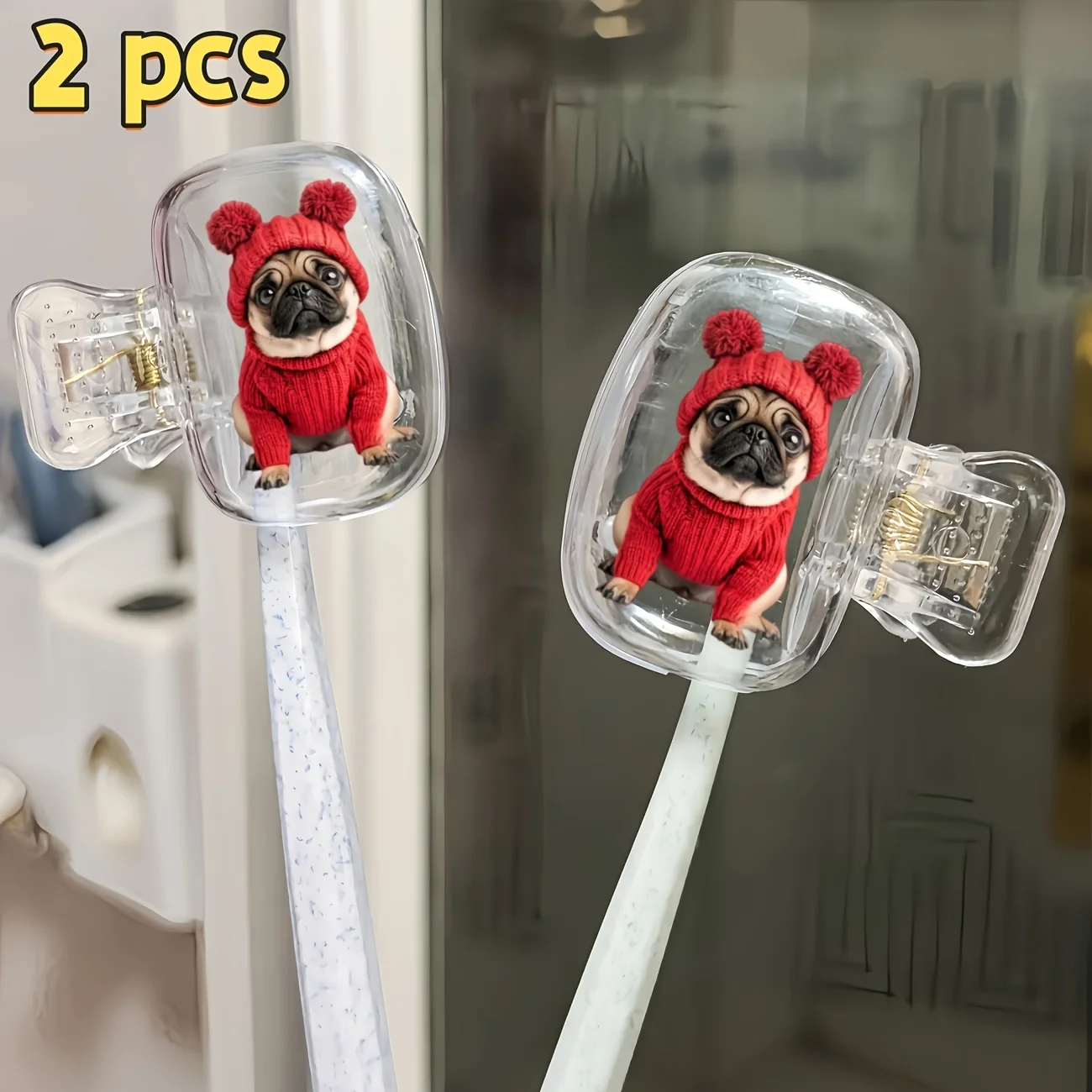 2pcs Cute Pug Portable Toothbrush Head Cover Storage Box Toothbrush Protector Holder Essential Bathroom Accessory Gift For Lover