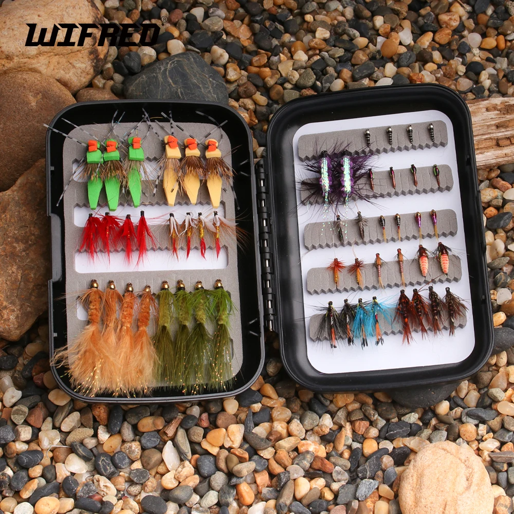 Wifreo 52PCS Fishing Flies Kit Double Faced Box Dry Wet Flies Streamer Nymph Midge Larvae Trout Grayling Panfish Bass Lure Bait