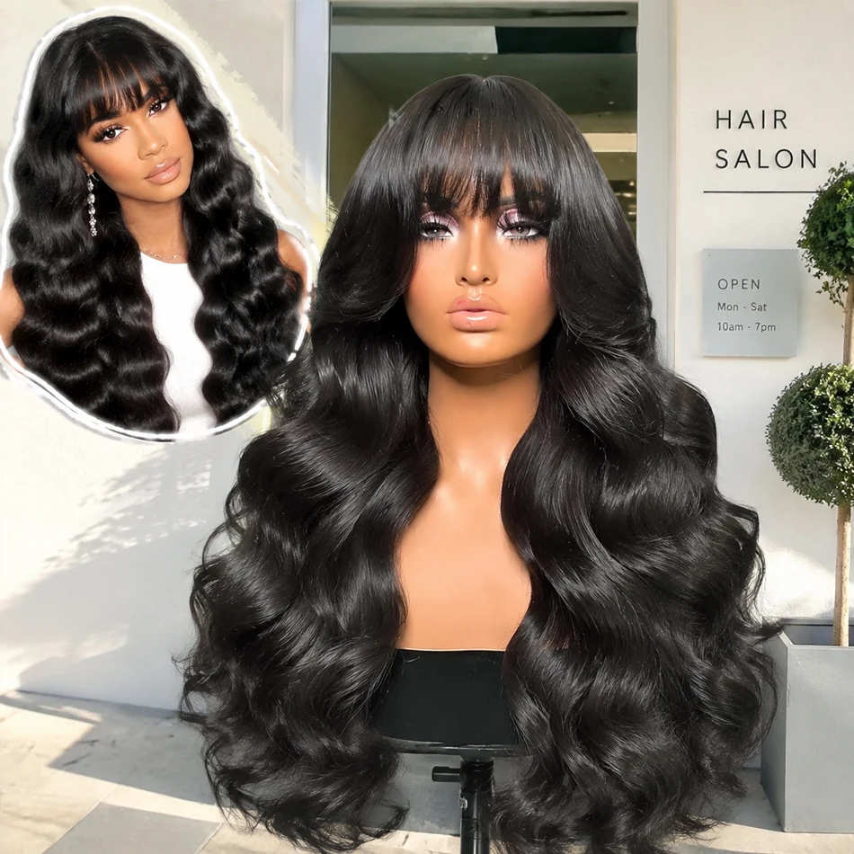 3X1 Full Machine Wigs Human Hair with Bangs Body Wave Human Hair Wig with Bangs 3X1 Bleached Knots Front Wig for Black Women