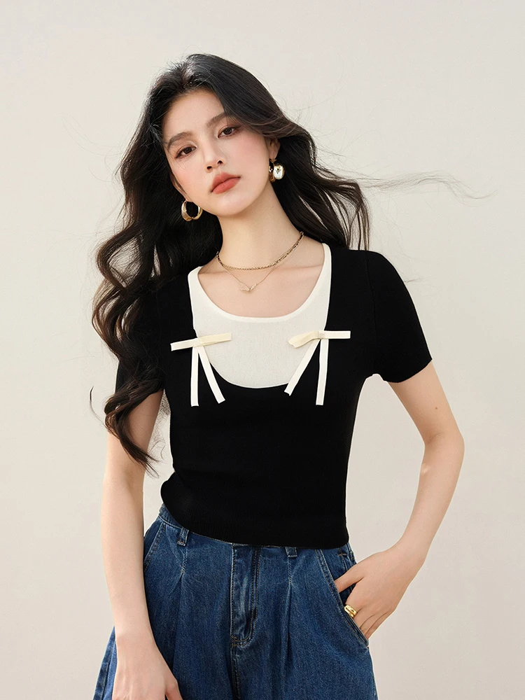 エレガントな弓ニットトップス 2025 夏の新純粋な欲望甘いスパイスガール半袖 Tシャツファッション偽ツーピーストップ
