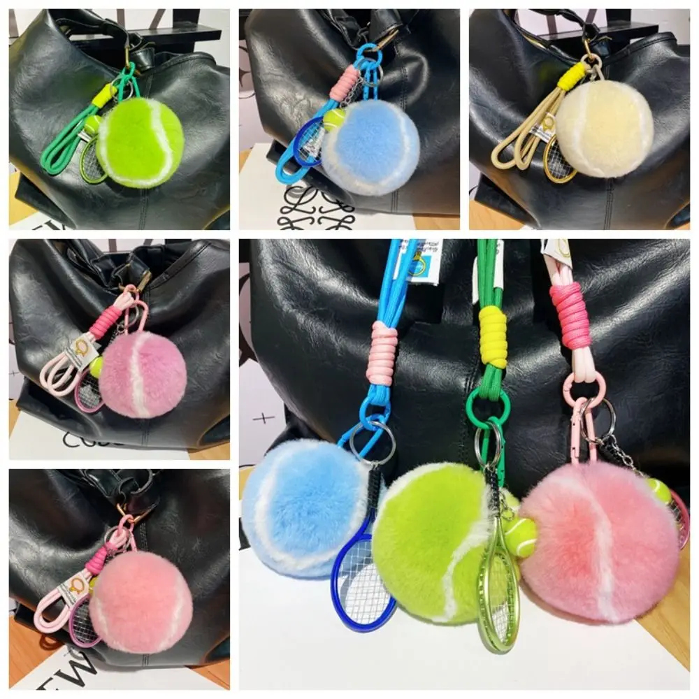 Plush Tennis Ball Plush Pendant Backpack Hanging Jewelry Rex Rabbit Fur Keyrings Trinket Anti Lost Plush Tennis Keychain