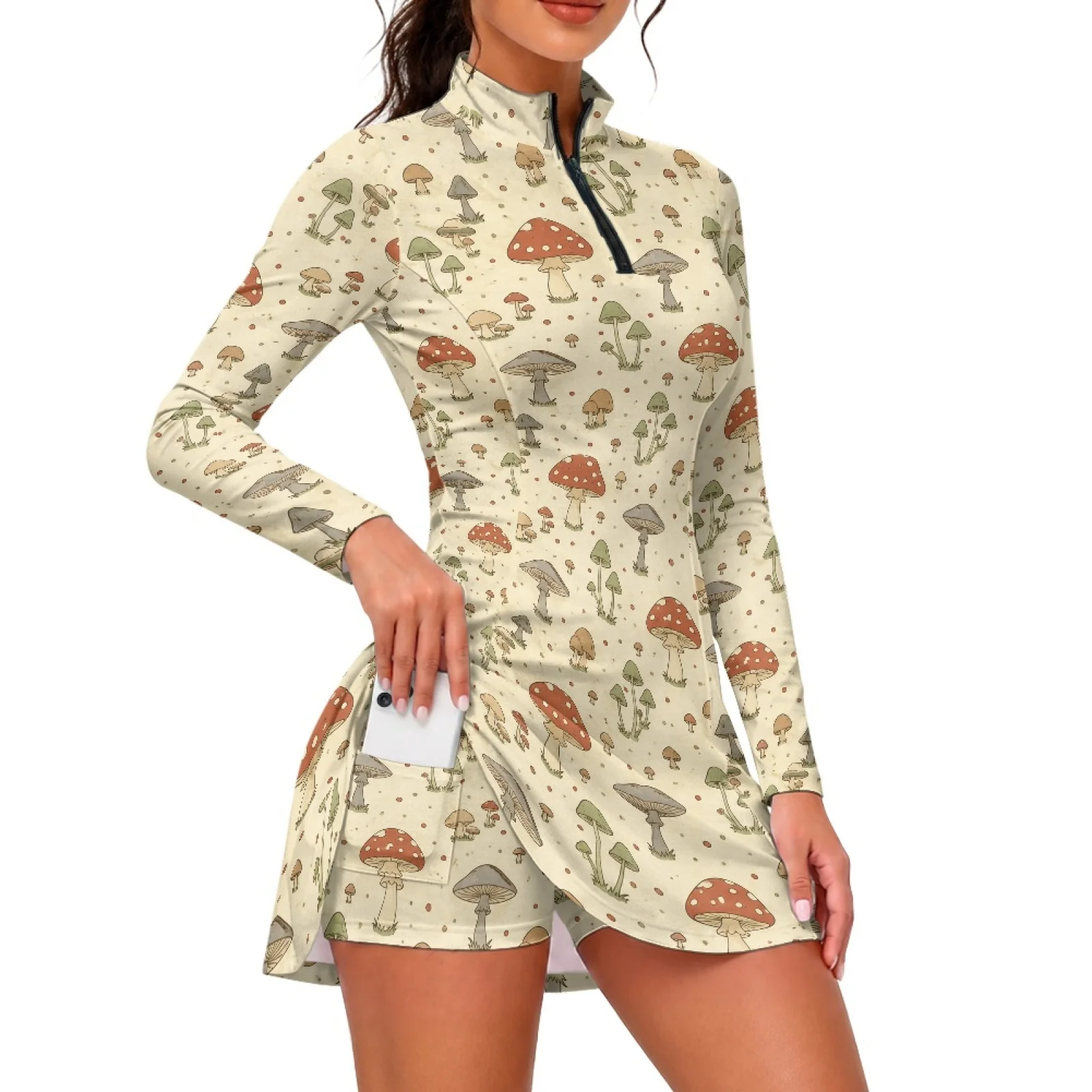 PENSTROLL Vintage Mushroom Print Golf Outfits Side Pockets Skort Dress for Workout with Pockets Long Sleeve Athletic Golf Dress