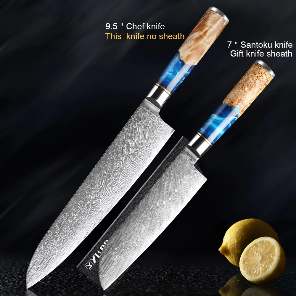 

2PCS Damascus Steel Kitchen Knife Set VG10 Chef Knife Cleaver Paring Bread Knife Blue Resin Stabilised Wood Handle Good for Gift