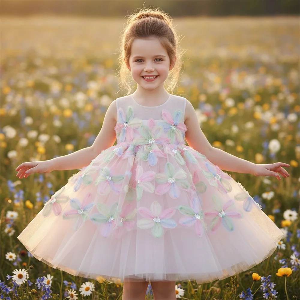 Baby Kids  Princess Flowers Lace Tulle Bow Flower Girl Dresses First Communion Dresses Birthday Gift Wedding Party Show
