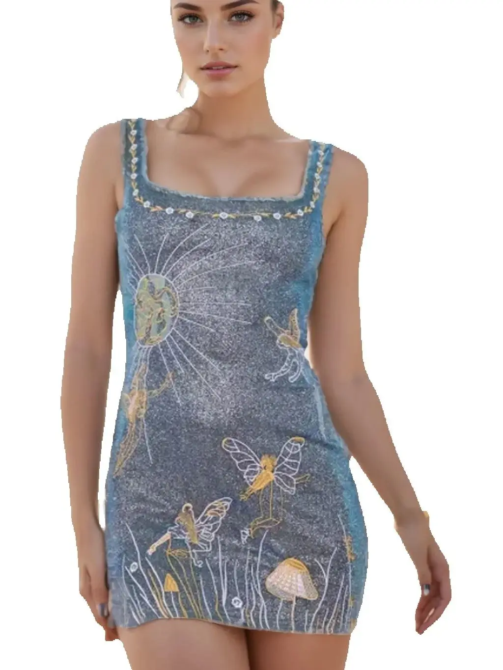 

Sexy Square Neck Spaghetti Straps Open Back Sequined Mini Party Dress Blue