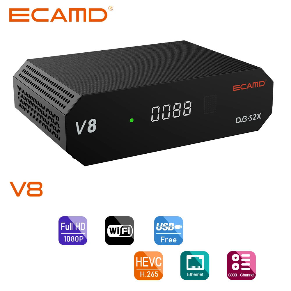 ECAMD V8 Satellite Receiver DVB-S2X/S2/S Signal Decoder H.265 1080P HD Built-in 2.4G WIFI Ethernet USB AV TV Box for Spain EU