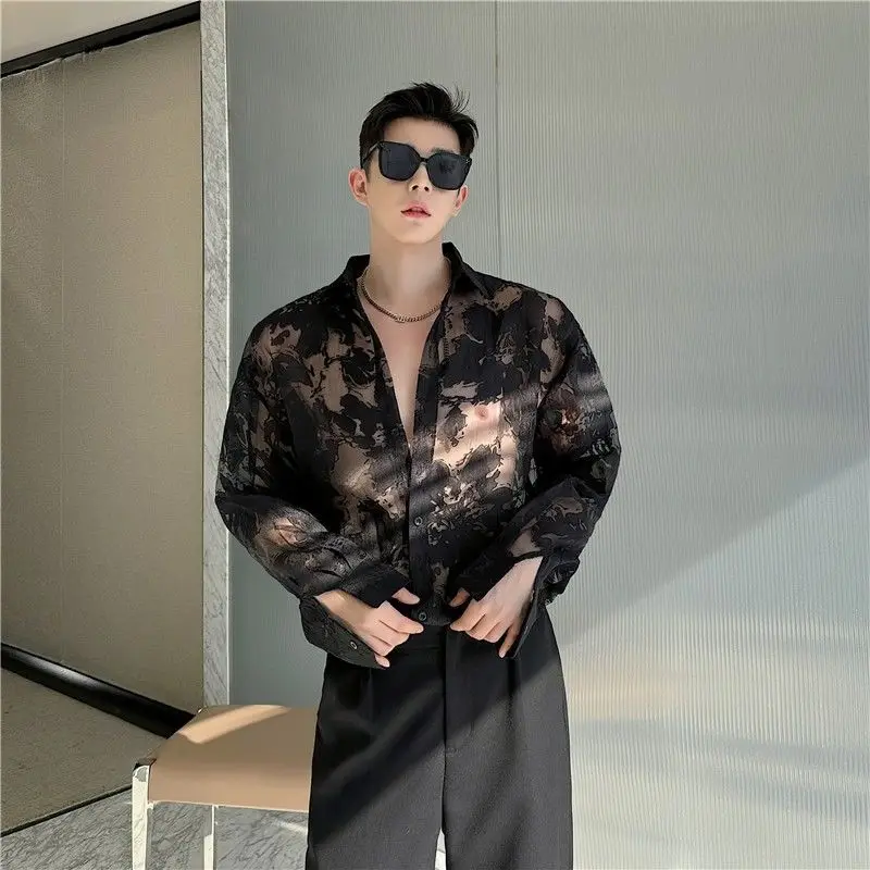 Men's See Through Long Sleeve Shirt Summer 2026 Niche Design Casual Fashion Blouse