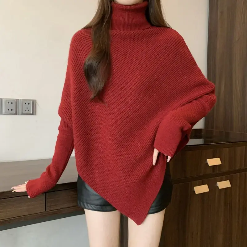불규칙한 터틀넥 니트 스웨터 2025 가을 겨울 여성 두꺼운 풀오버 스웨터 한국 스타일 하이 스트리트 니트 스웨터