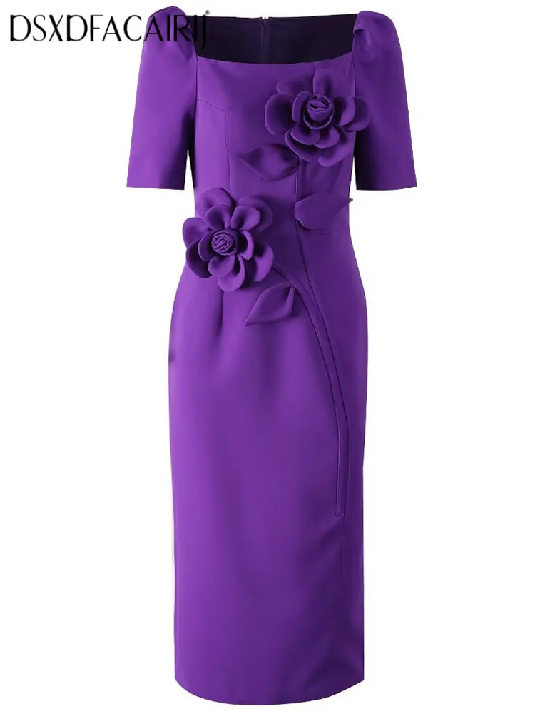 

DSXDFACAIRIJ Women's Pencil Dress Square Collar Short Sleeve Solid Color Office Lady Fashion Summer Female Appliques Dress