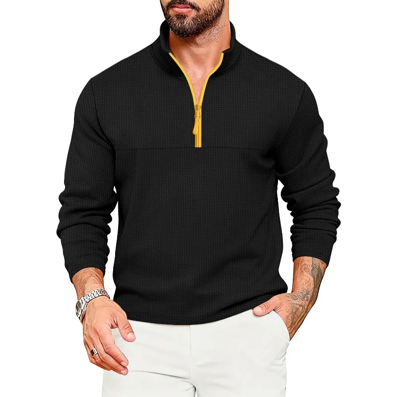 2025 Spring and Autumn New Waffle Men Trendy T-shirt Casual Sports Color Blocked Long Sleeve High Collar Half Zipper Top