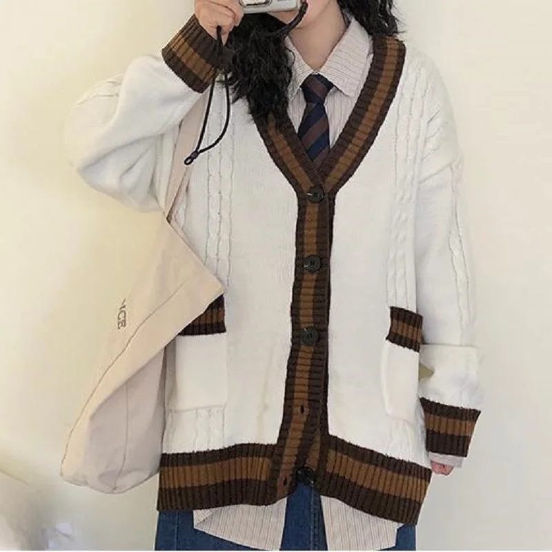 Deeptown Korean Style Sweater Knitted Cardigan Women Vintage Patchwork Oversize Jumper Women Preppy Fashion V-neck Pocket Jacket