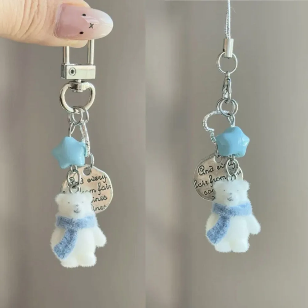 

Cute Cartoon Lovely Animal Flocking Blue Scarf Bear Keychain Pendant Backpack Ornament Phone Chain Lanyard for Girl Gift Keyring