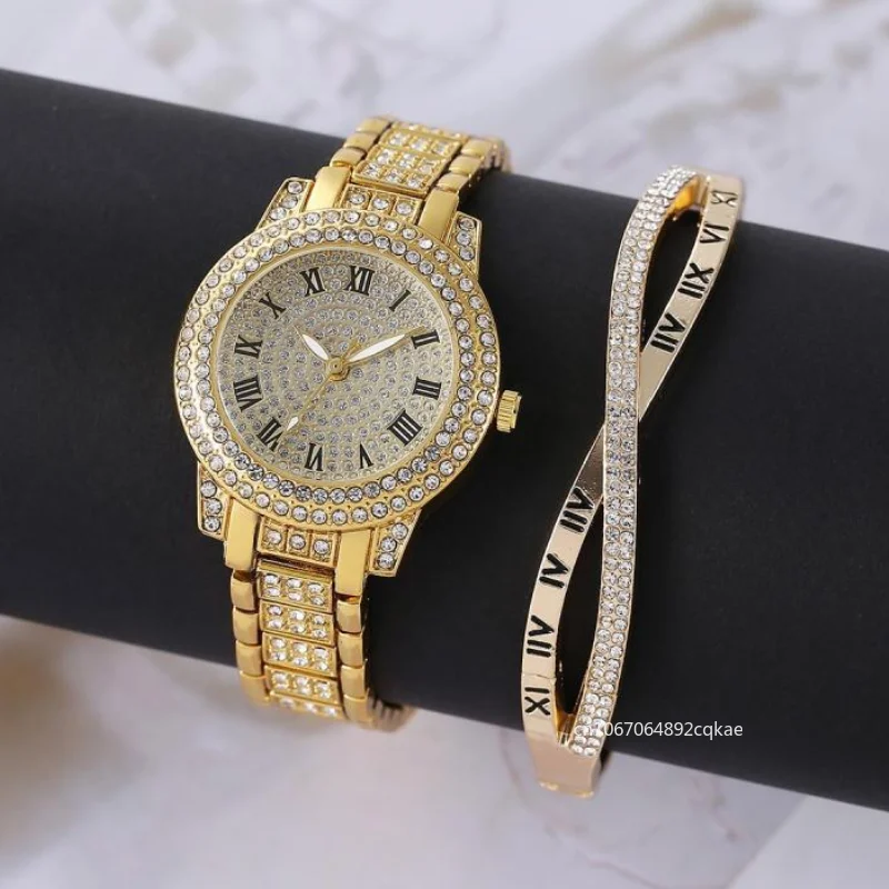 

Luxury Women Diamonds Roman Design Gold Quartz Watches Fashion Set Stainless Steel Bracelet Watch Strap Gift Clock Montre Femmes