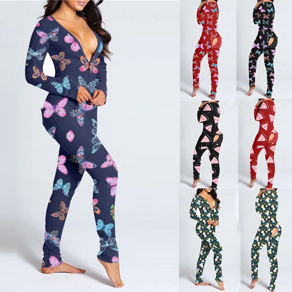 Vrouwen Sexy Pyjama Rompertjes Button-Down Front Functionele Dichtgeknoopt Flap Volwassenen Pyjama V-hals Lange Mouw Jumpsuit Vr