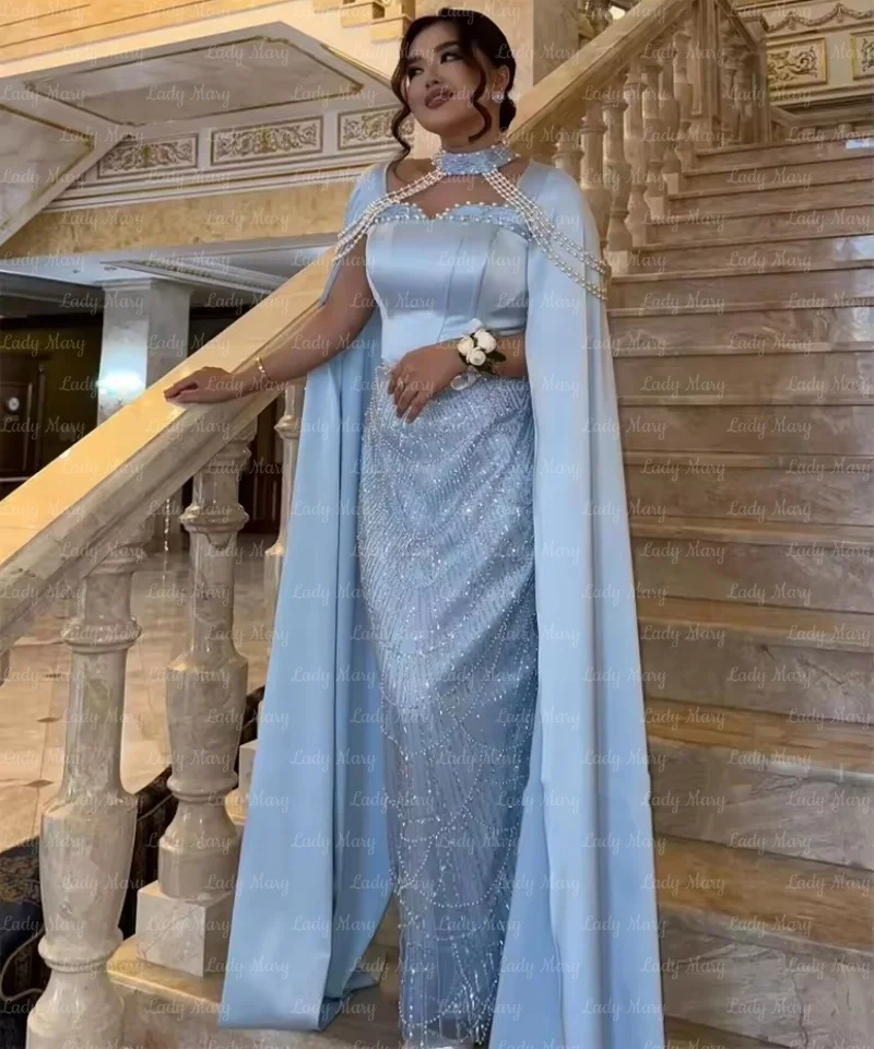 

2026 Charming Evening Dresses Pearls Sequins Sky Blue Cape Sleeveless Women Wedding Party Gowns Customized