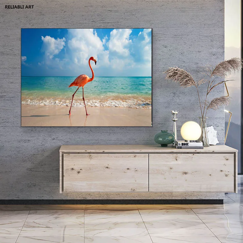 

Animals Poster Canvas Paintings Wall Art Pictures Flamingos Walking In The Beach For Office Room Home Decorative Prints Cuadros