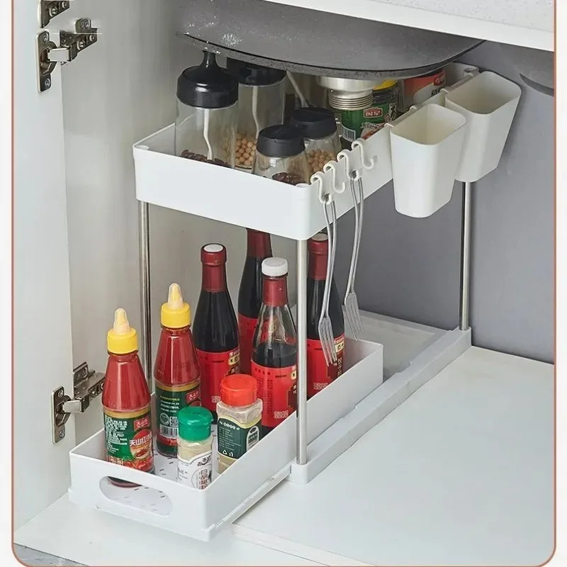 Under Sink Organizer Sliding Cabinet Basket Organizer Storage Rack with Hooks Hanging Cup Bathroom Kitchen Organizer