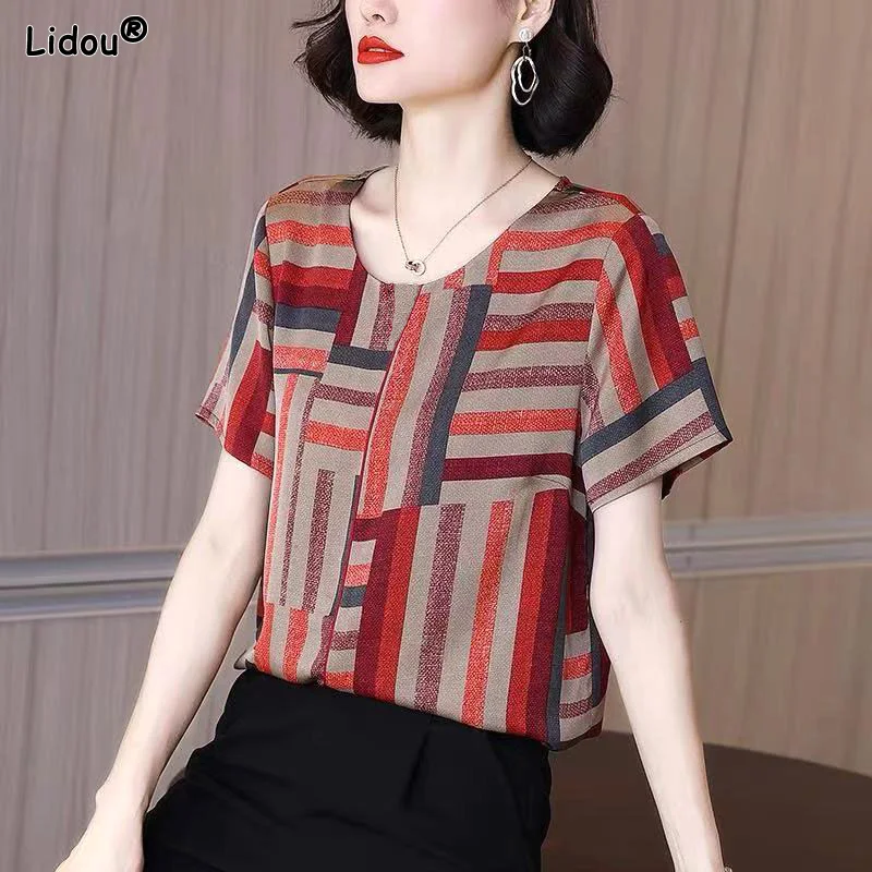 

Summer Thin Intellectual Round Neck Pullovers Simplicity Printing Striped Fashion Casual Short Sleeve T-Shirts Women's Clothing