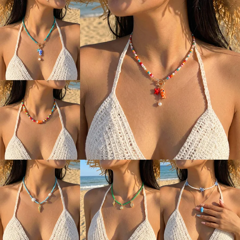 New Summer Colorful Resin Bead Neckalce Handmade Beading Fish Starfish OT Chain Choker Bikini Festival Rave Ocean Series Jewelry